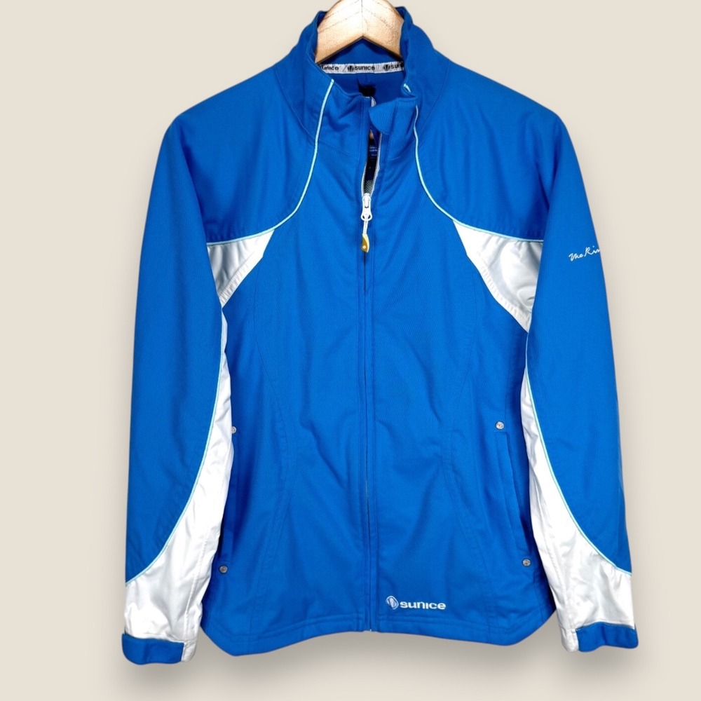 The River Course Sunice Typhoon Rain Jacket Women Medium Blue White Zip Pockets